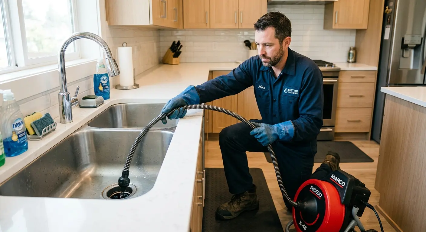 Drain cleaning technician using a motorized snake on a kitchen sink in Safety Harbor
