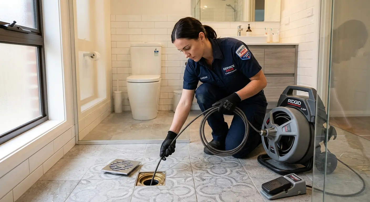 Technician clearing a bathroom floor drain for Drain Cleaning in Safety Harbor